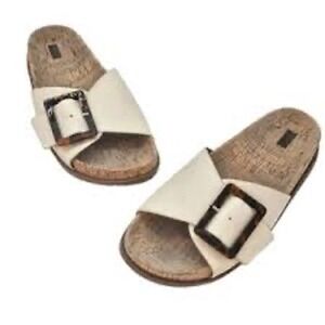 Nordstrom Rack Evelina Cream Buckle Cork Footbed Slide Sandals 7.5M EUC Like New